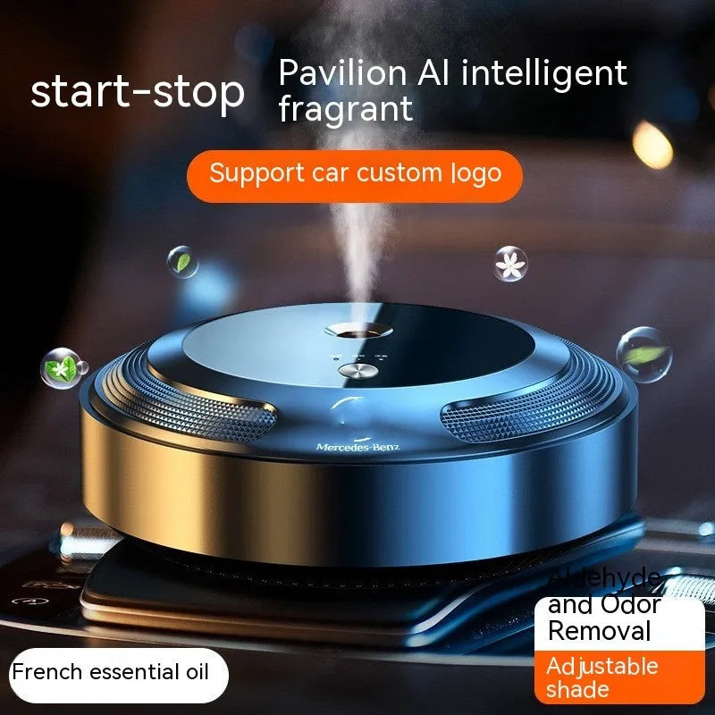 Automatic car air freshener diffuser with zinc alloy casing and three bottles of scent solution.