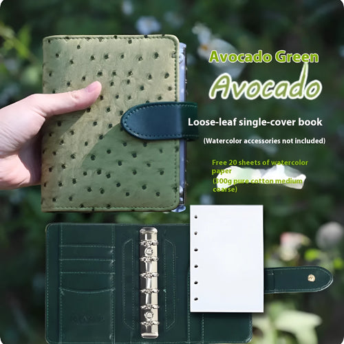 A7 loose-leaf watercolour sketchbook shown in one of five colour options: green, brown, yellow, coffee, or dark green.