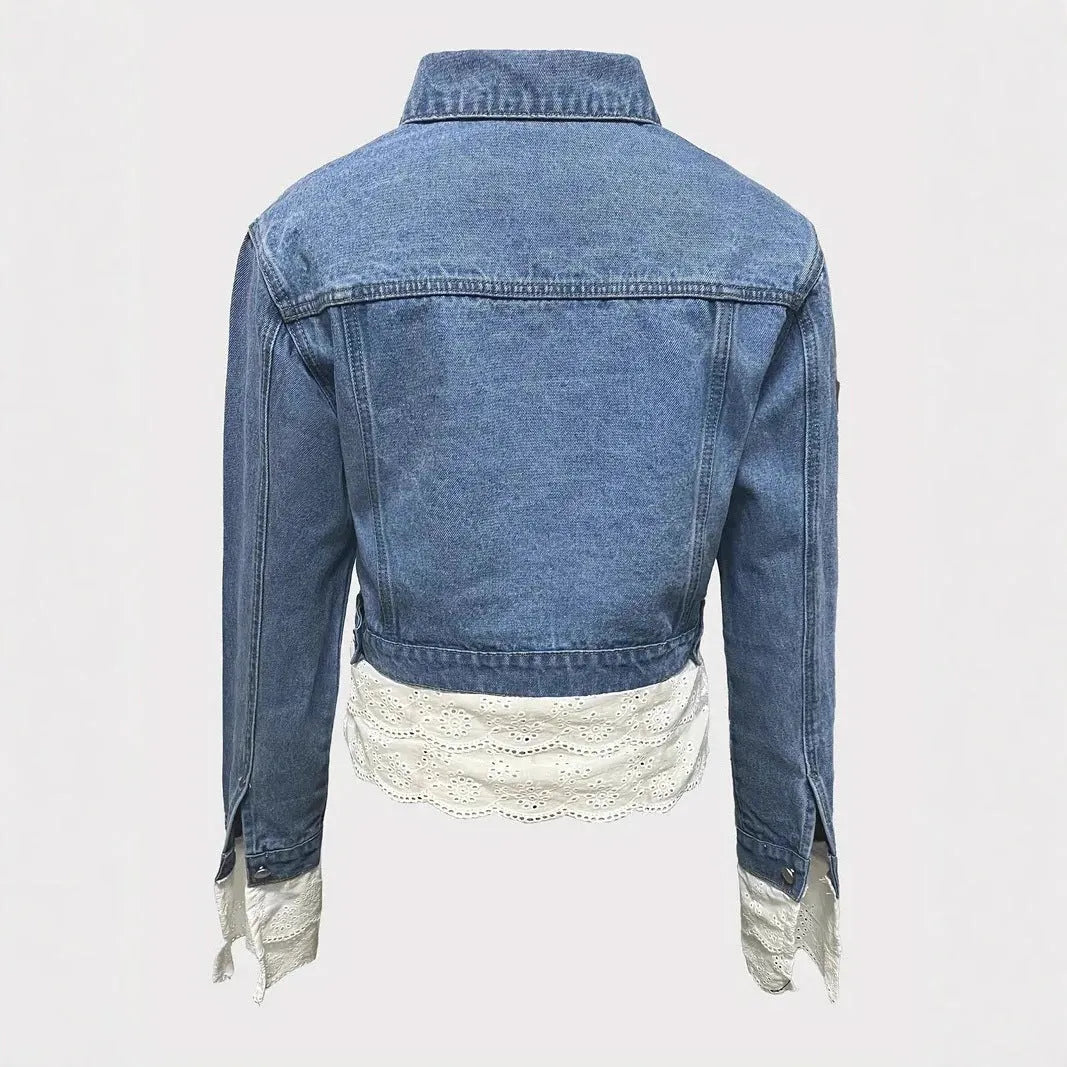 Blue women's denim jacket with lace stitching detail on the front.