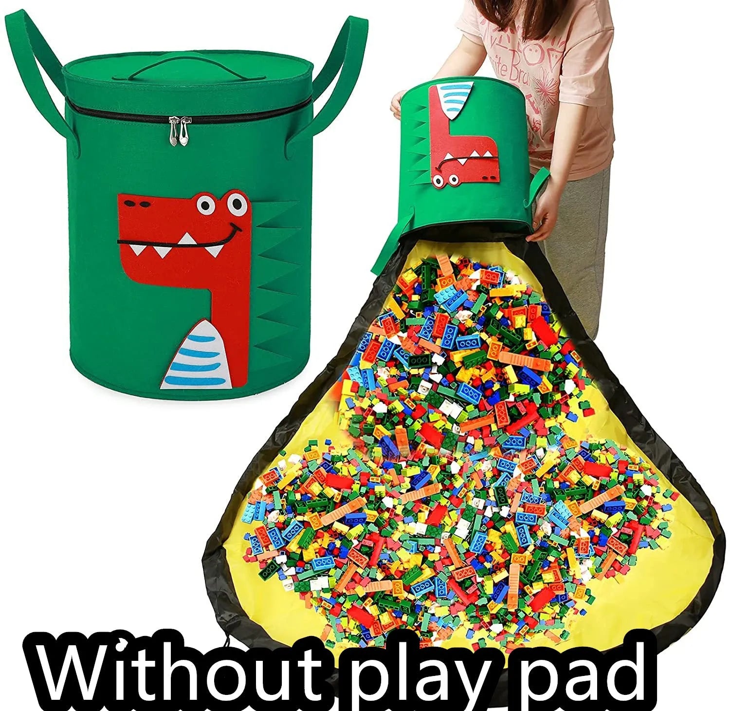 Green felt cube storage bag with a pull rope, laid flat as a play mat.