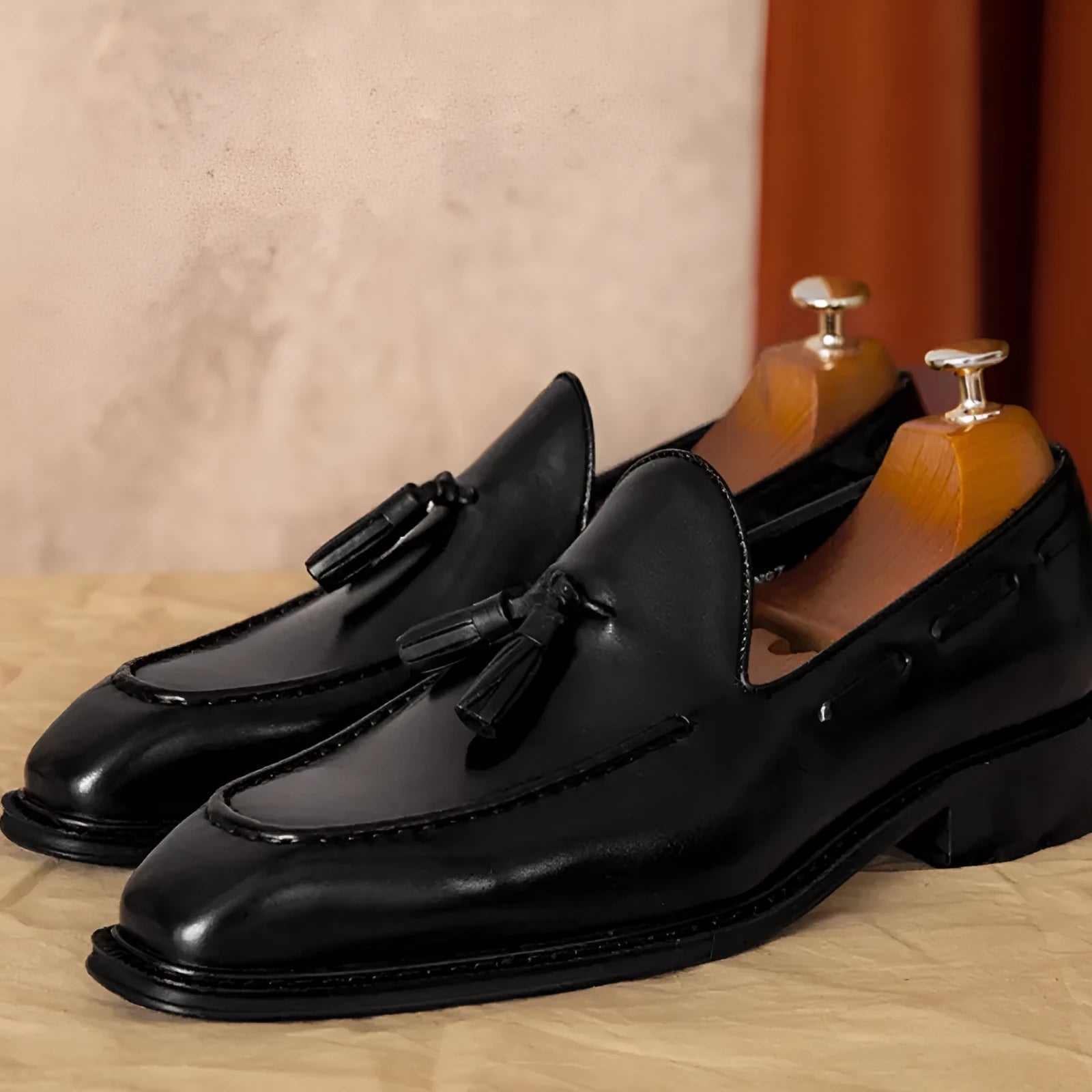 Men's black genuine leather slip-on loafers with rubber sole and pigskin lining