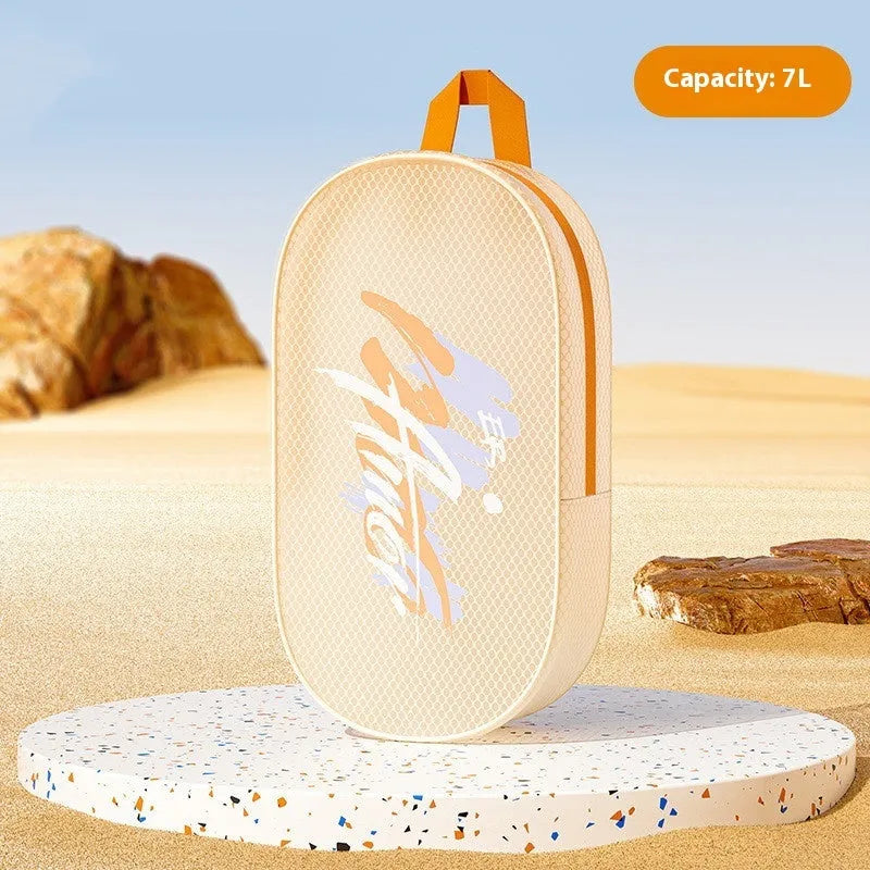 Waterproof orange EVA swimming storage bag showing small 3L and large 7L size options.