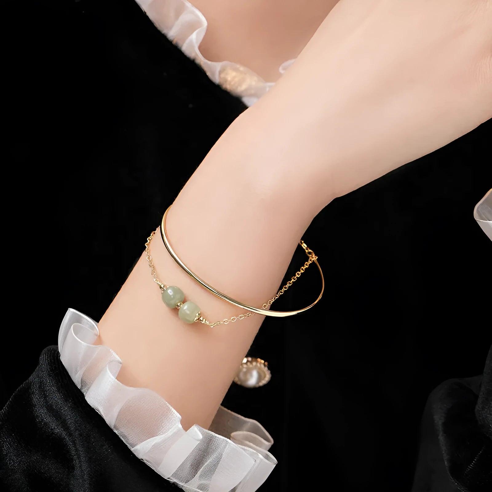 Jade lucky bead bracelet for women with gold inlay treatment in single, double and three beads versions