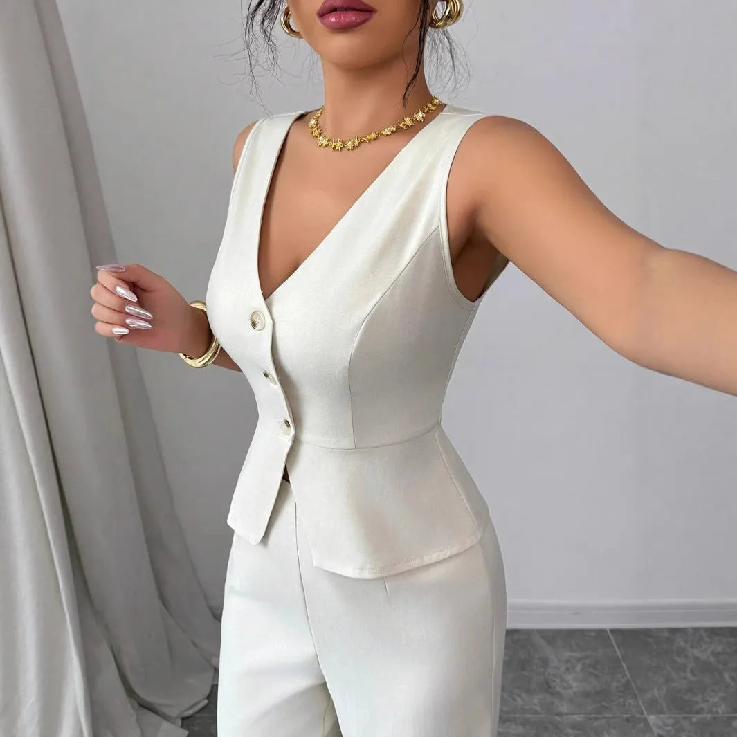 Women's solid colour sleeveless vest and high waist trousers two-piece set in Japanese Korean casual style