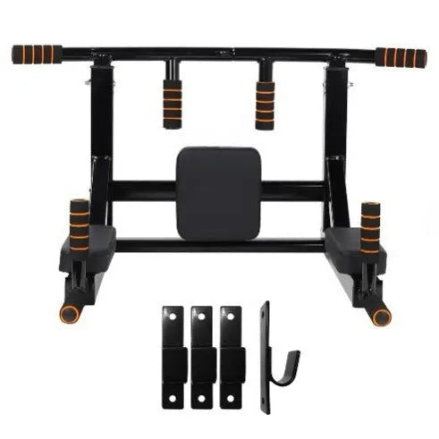 Black wall-mounted fitness frame with sandbag rack and parallel bars for pull-ups