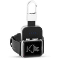 Black portable keychain power bank for wireless charging of Apple Watch on a white background.