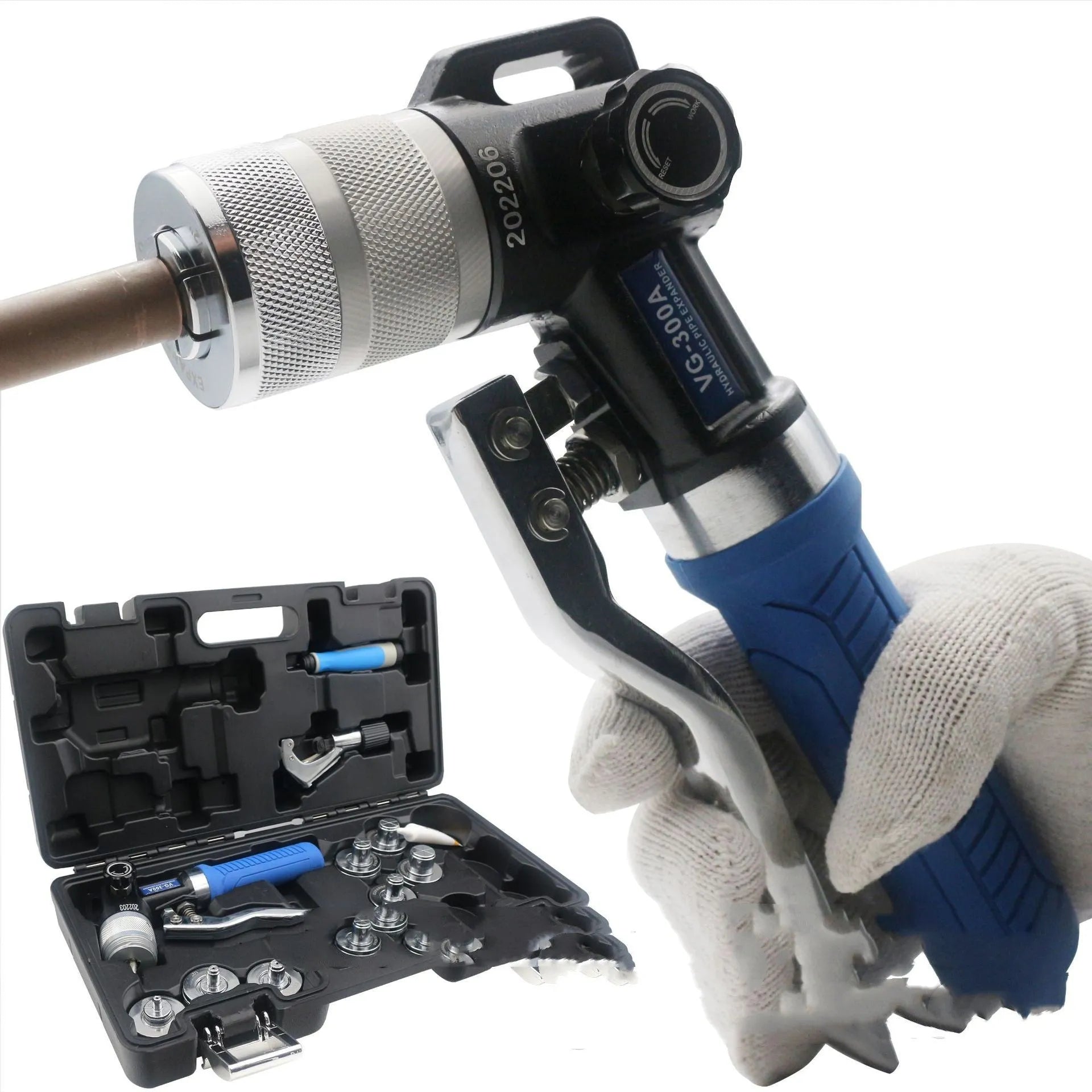 VG-300 style hydraulic tube expander tool for refrigeration repair made from high-strength alloy steel.