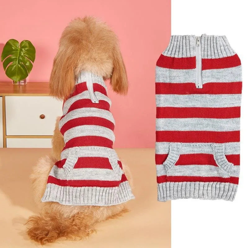 Grey acrylic dog sweater on a mannequin, showing horizontal zipper and button pocket.