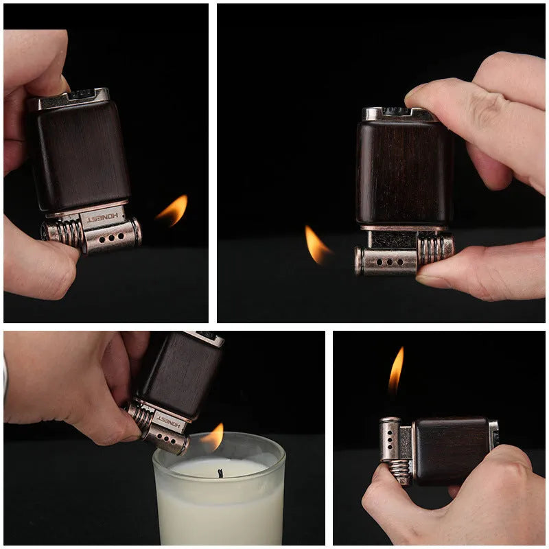 Decorative gas lighter with wood finish options including black wood, rosewood, and red wood styles