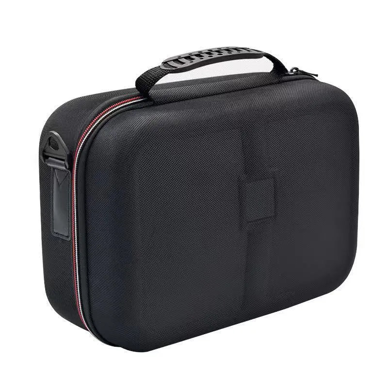 Black EVA game console accessory storage bag showing dimensions and 5kg load capacity for controllers and cables