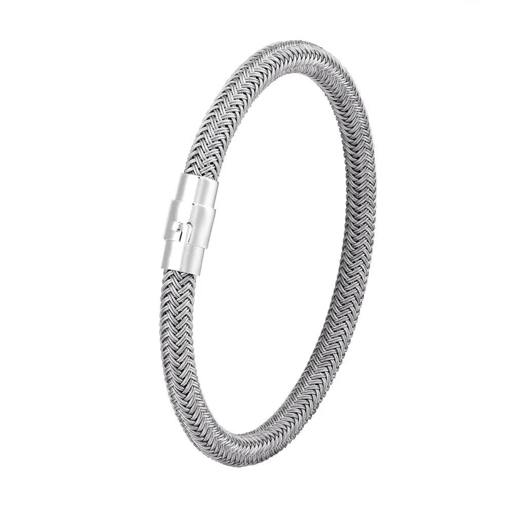 Men's geometric titanium steel wire bracelet with a magnetic clasp shown on a wrist.