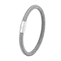 Men's geometric titanium steel wire bracelet with a magnetic clasp shown on a wrist.