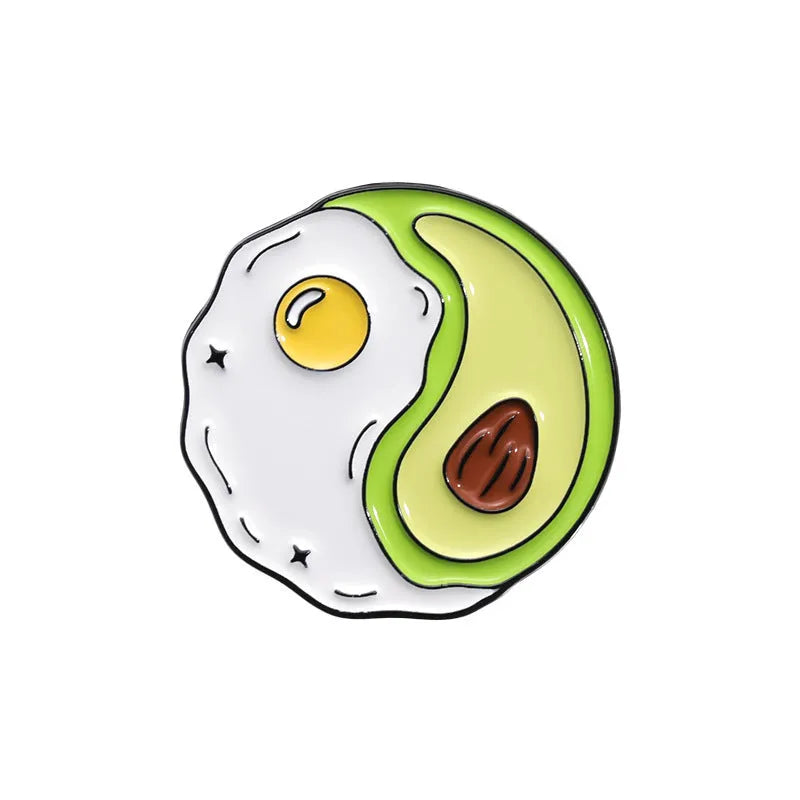 Colourful cartoon fruit design on a silver-toned zinc alloy metal brooch with pin clasp.
