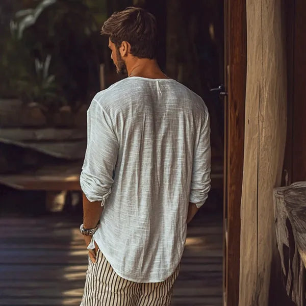 Beige V-neck long-sleeved t-shirt in slim fit pullover style