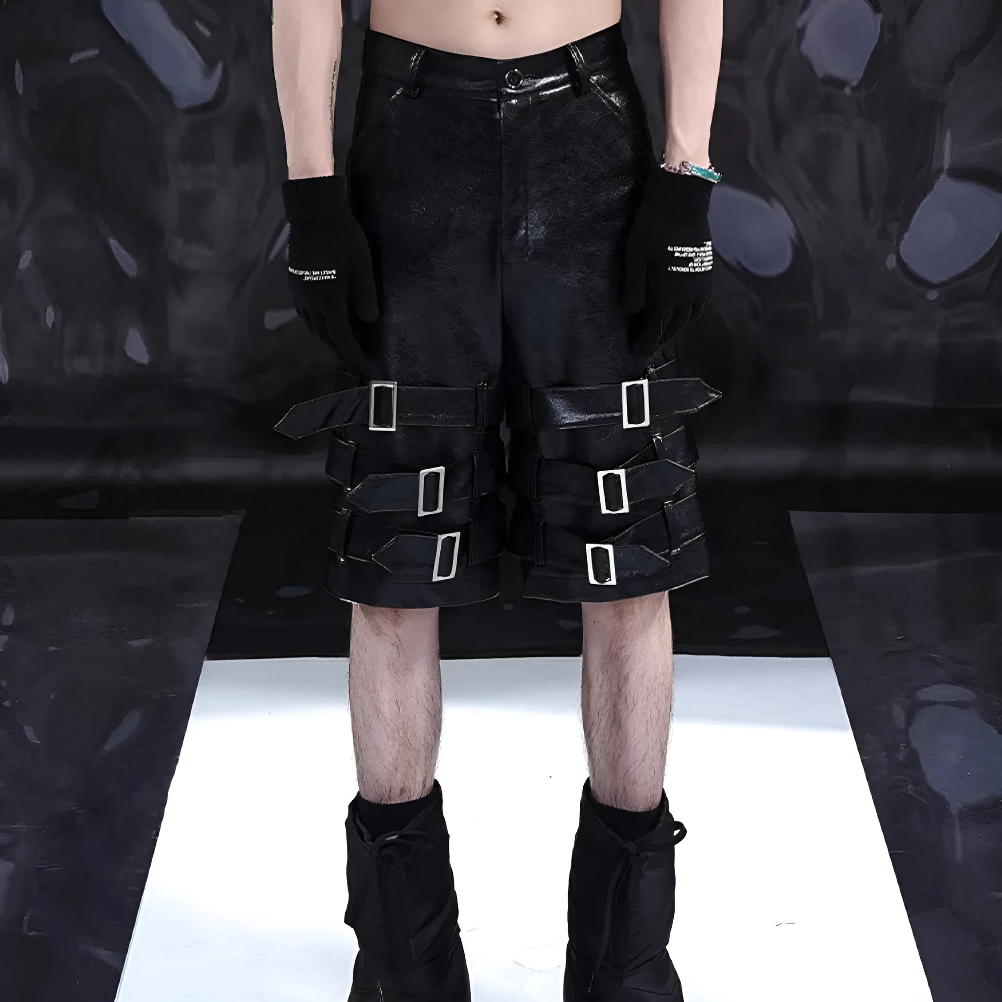 Men's black casual cropped pants with leather ring detailing on PU leather sections