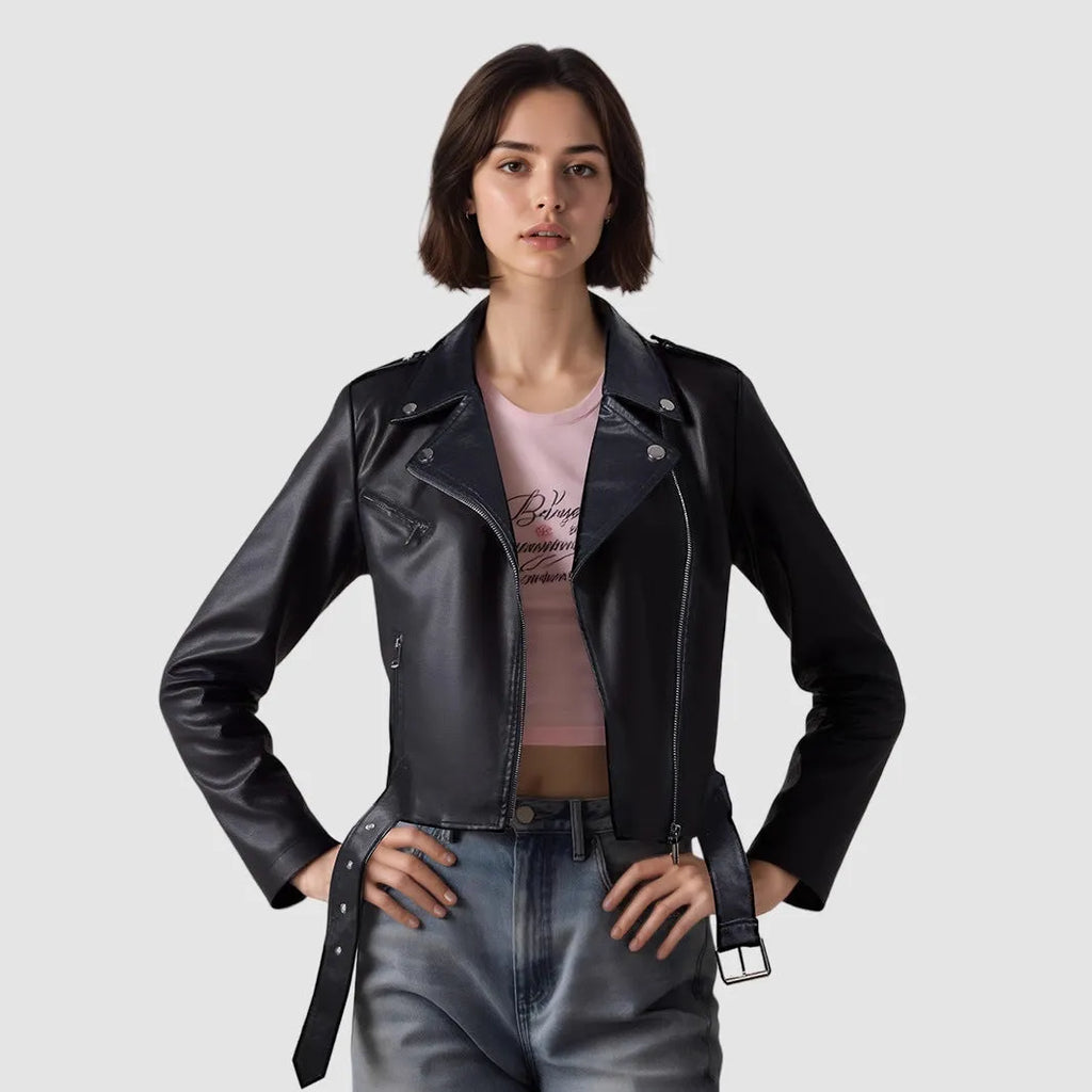 Women's black PU leather jacket with lapel short belt in street fashion style