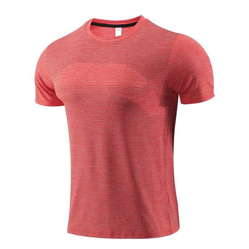 Short sleeve red sports t-shirt made from polyester spandex fabric for running and exercise.