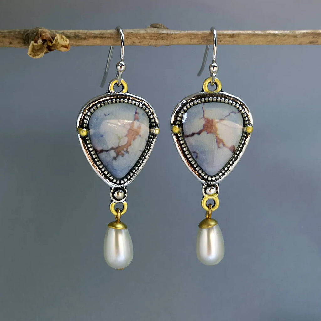 Retro blue geometric drop earrings with synthetic opal and pearl, two-colour electroplating