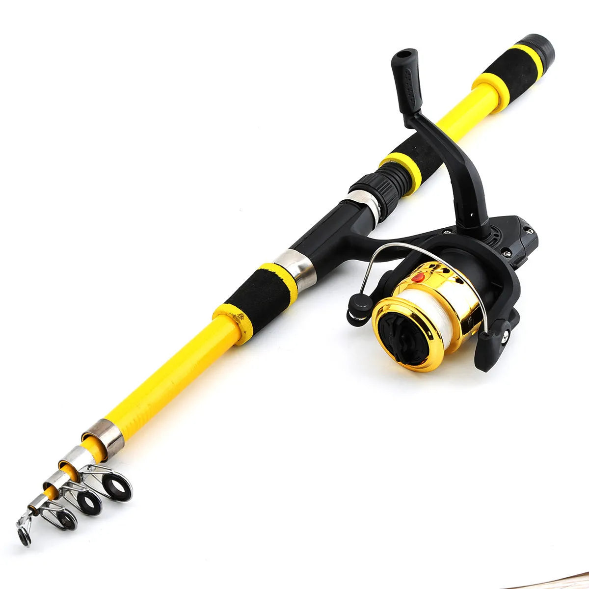Children's fishing rod with integrated pole and wheel in blue, green, red or yellow colours