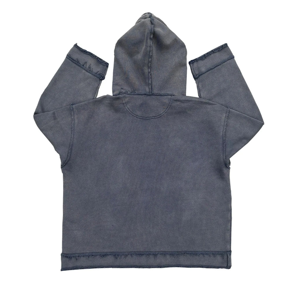 Dark blue hoodie sweater with long sleeves and heavyweight fleece lining on hanger