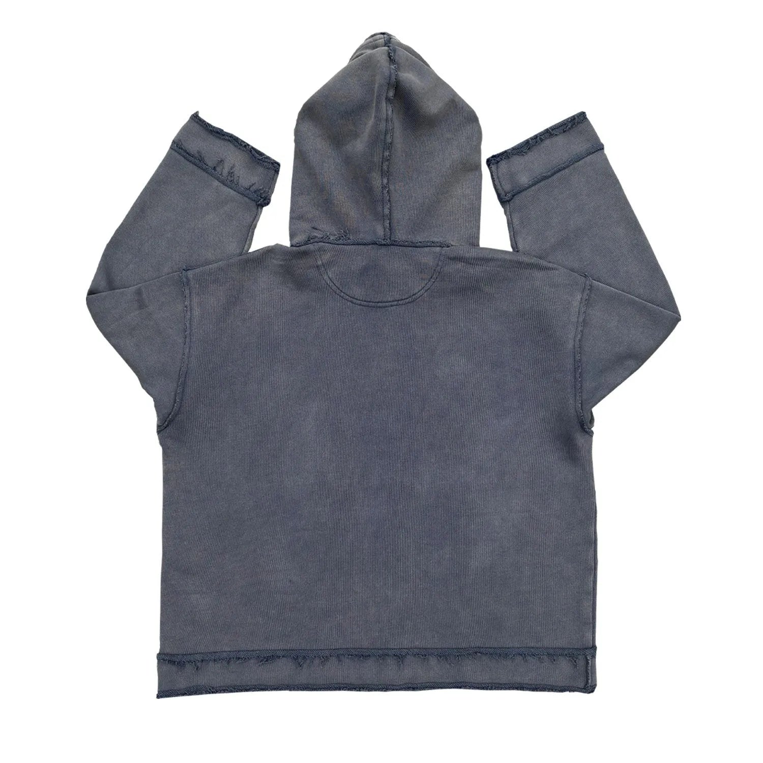 Dark blue hoodie sweater with long sleeves and heavyweight fleece lining on hanger