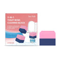 Four toilet cleaning blocks in packaging with drop-in cistern tank application