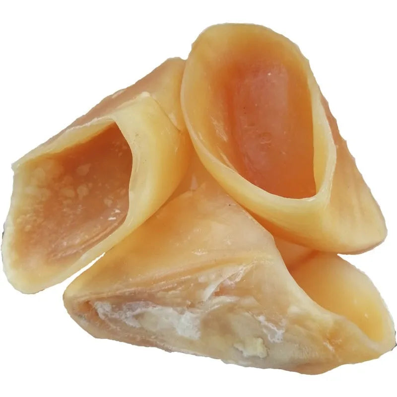 Natural cowhide dog chew rod in hoof shell colour, shown next to small and large size indicators.