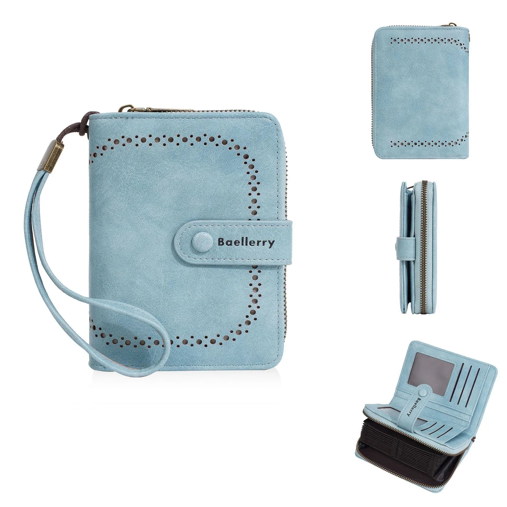 Women's black PU leather zip coin purse with card slots, shown alongside red, brown, and light grey colour options.
