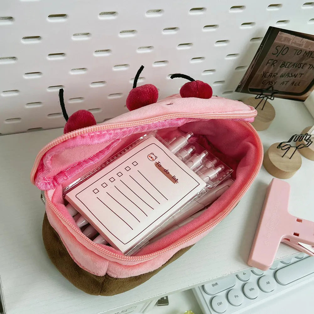 Korean style velvet pencil case in cherry cake plush design with zip closure