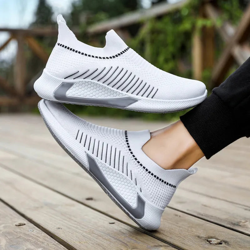 Men's mesh sock shoes with striped design in slip-on sneaker style