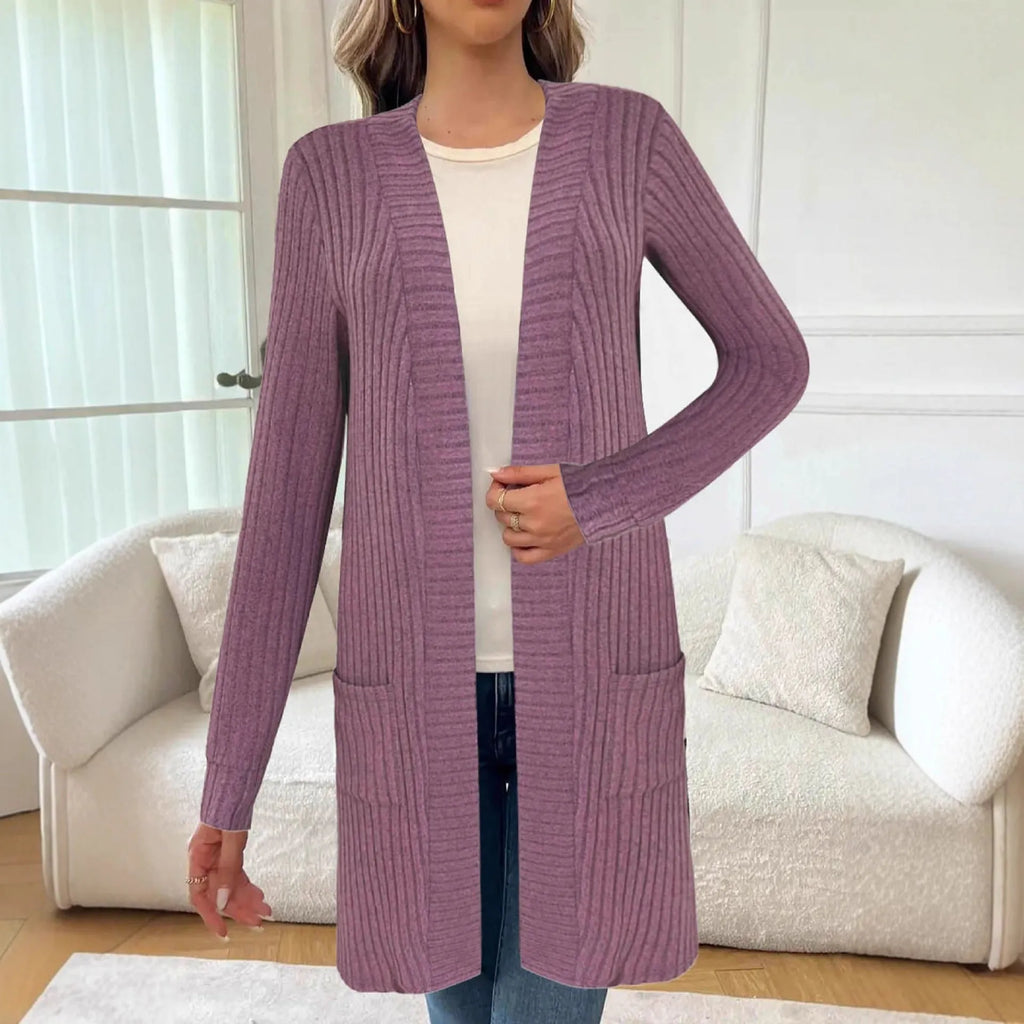Long sleeve loose fit knitted cardigan jacket in black, wine red, or grey with pockets
