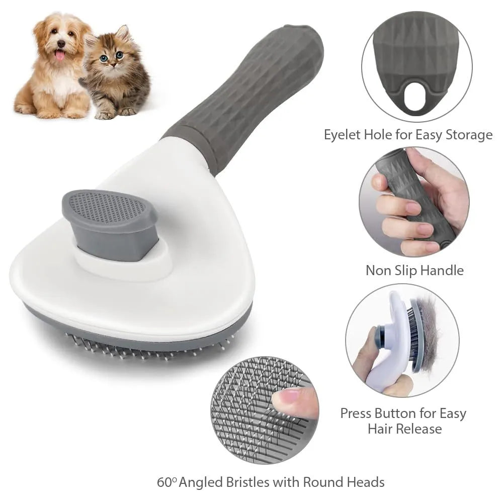 Cat grooming brush with release button in blue, grey, or pink colours for removing loose fur and tangles