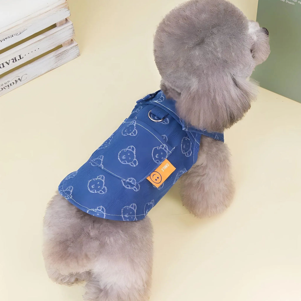 Small dog wearing denim princess dress with bracket skirt styling in blue denim fabric