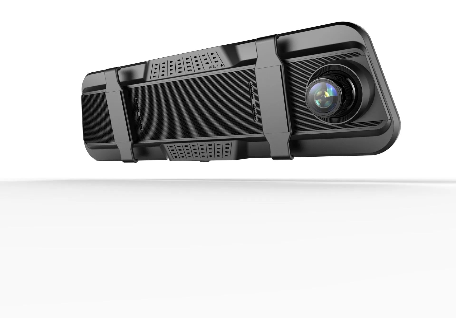 Black dual-lens driving recorder with 9.66-inch screen mounted on a car rearview mirror.