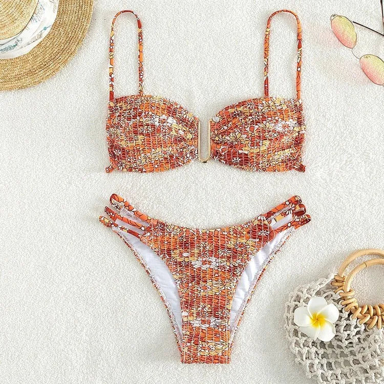 Women's high-waist floral bikini swimsuit in blue, orange, rose red, and pink colour options