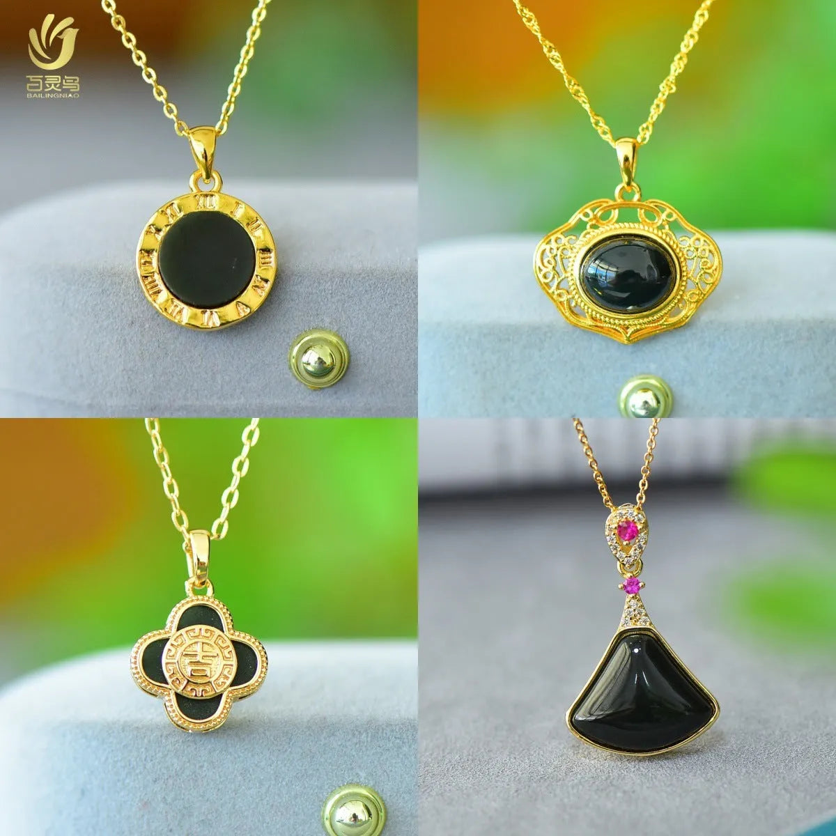 Flat gray and ink blue Hetian Jade pendant with copper inlaid decoration on a necklace.