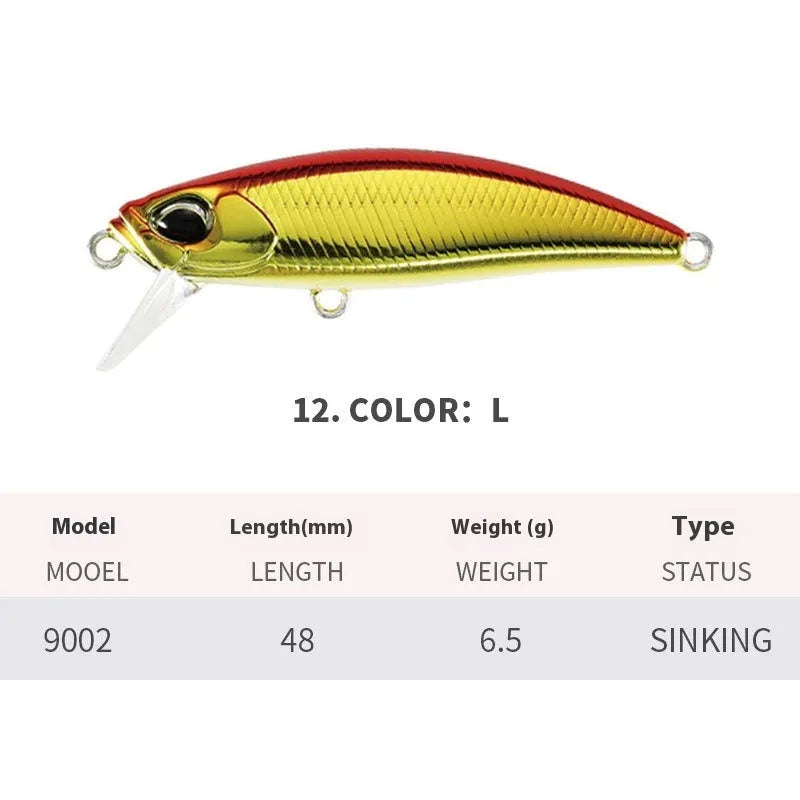 Japanese submerged mino fishing lure 48mm length for mandarin fish and snakehead in multiple colour options