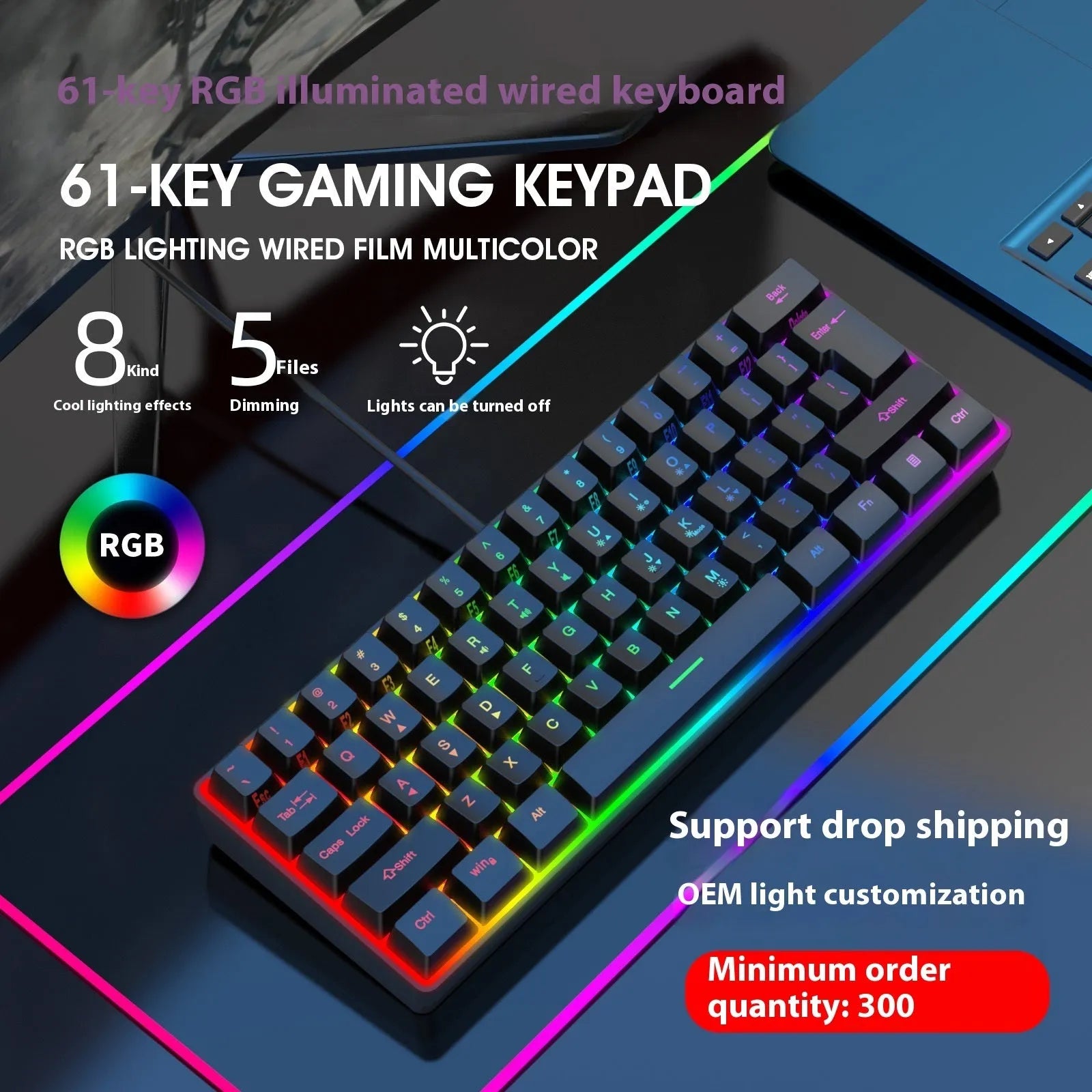 Simple Home K401-black RGB luminous compact wired keyboard on a desk
