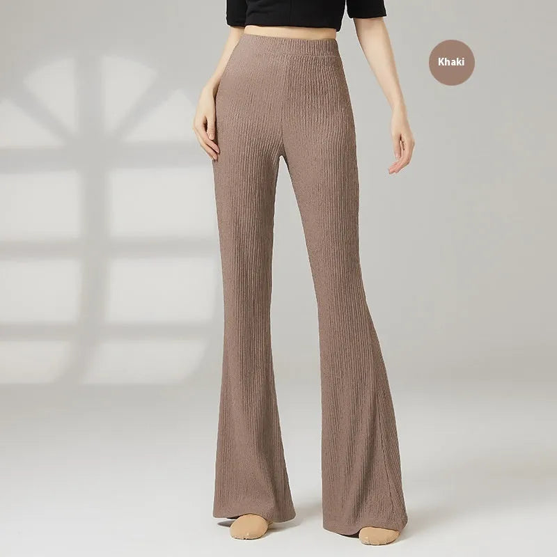 Women's solid colour classical dance practice pants in polyester fabric shown in beige apricot.