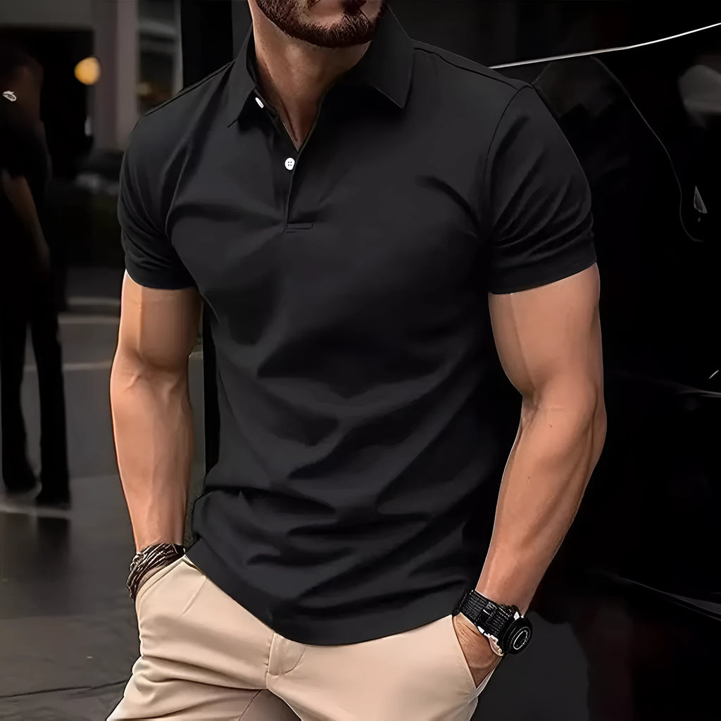 Men's slim fit cotton blend short sleeve button-up shirt in solid colour