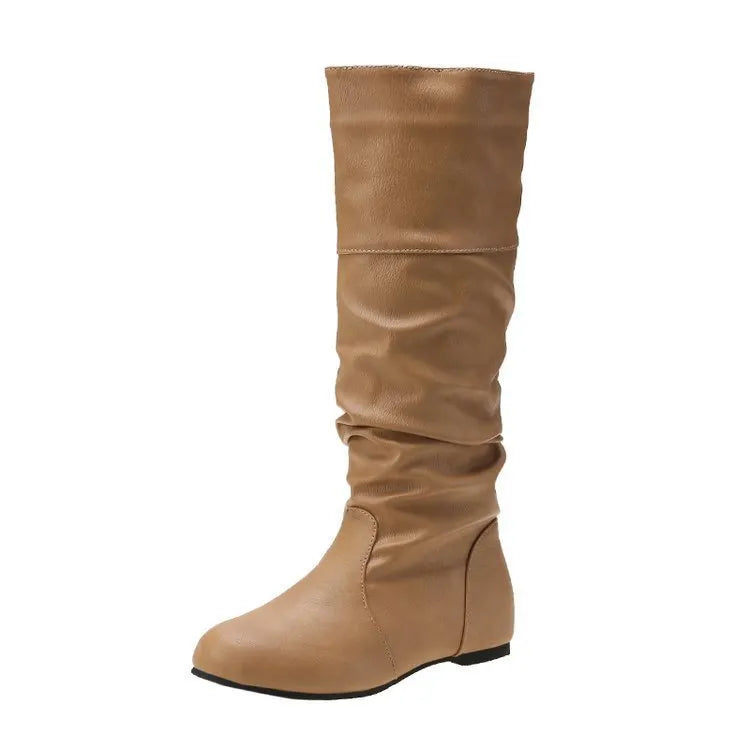 Women's black slip-on flat ankle boots with high shaft and round toe