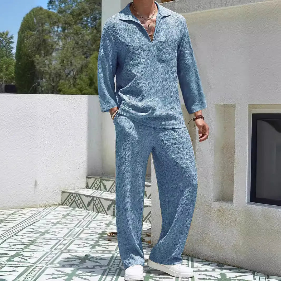 Men's casual shirt trousers suit in lake blue colour, two-piece set for autumn leisure wear