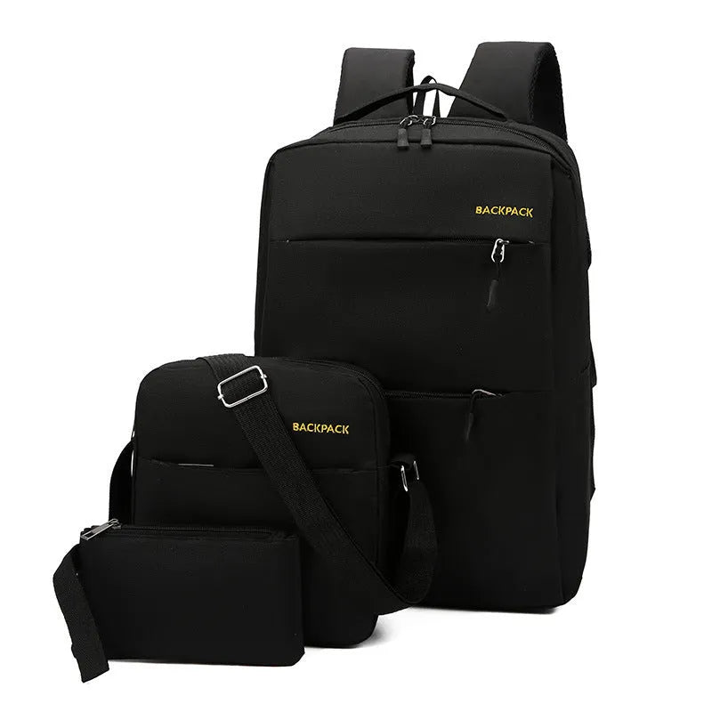 Men's USB charging three-piece casual computer bag set in nylon, shown in wine red colour.