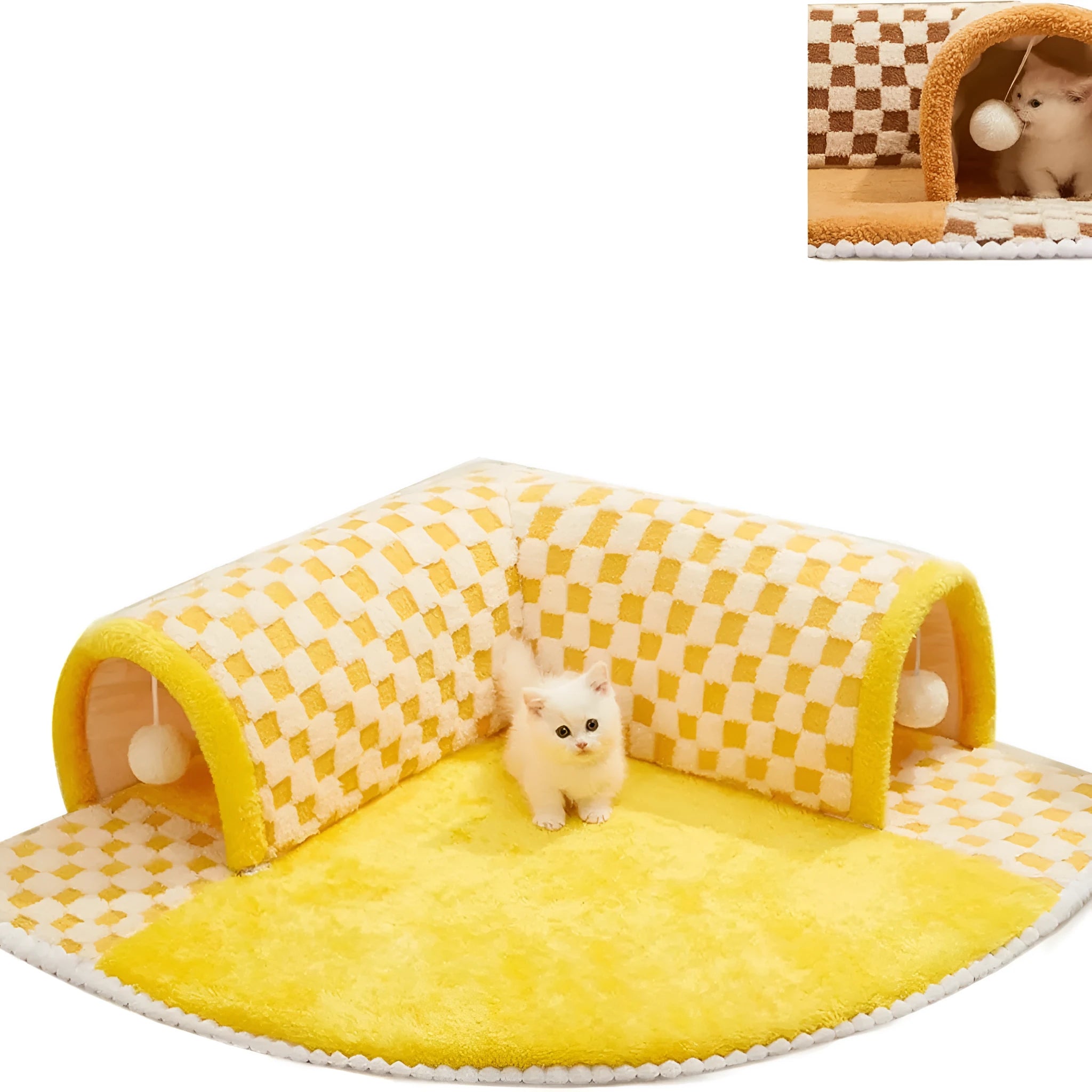 Brown plaid cat tunnel bed with central mat, showing non-slip bottom and large XL size.