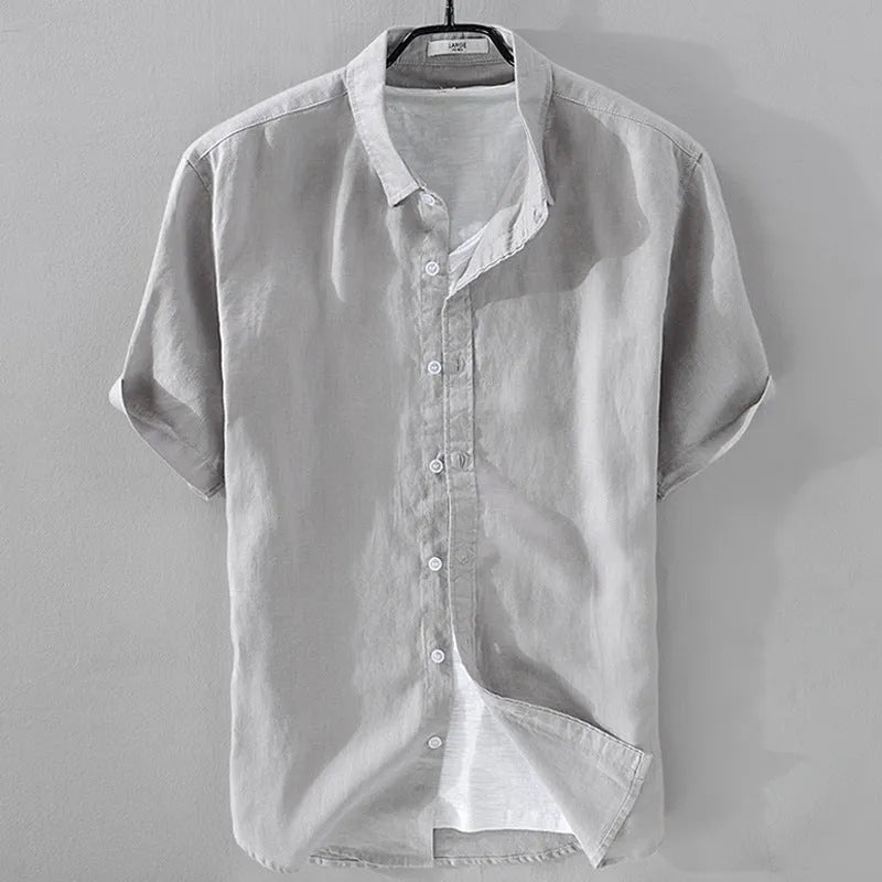 Men's short sleeve linen shirt in loose fit with solid colour options including army green and fluorescent green