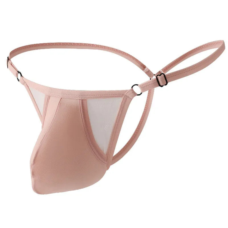 Men's ice silk T-back panties with thin adjustable straps in six colour options