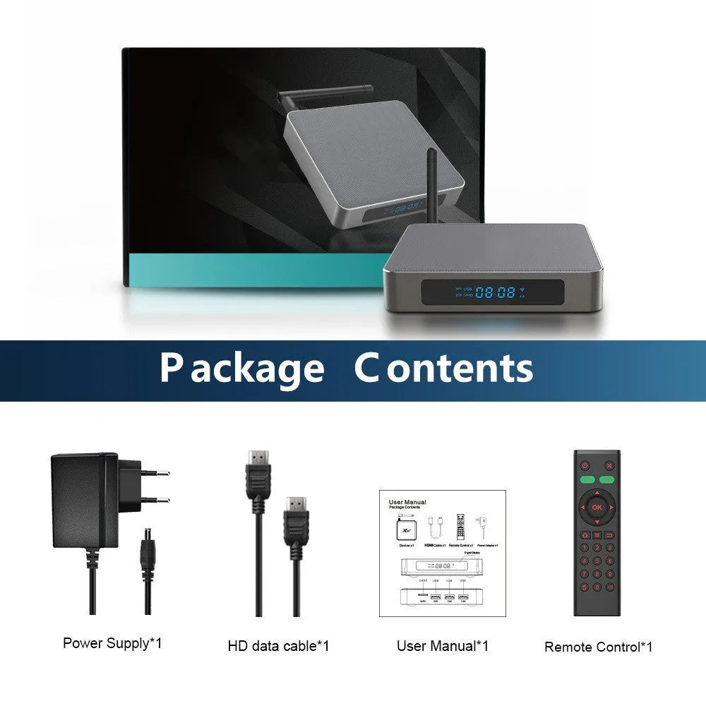 Android TV streaming box for 8K video with remote control and HDMI cable