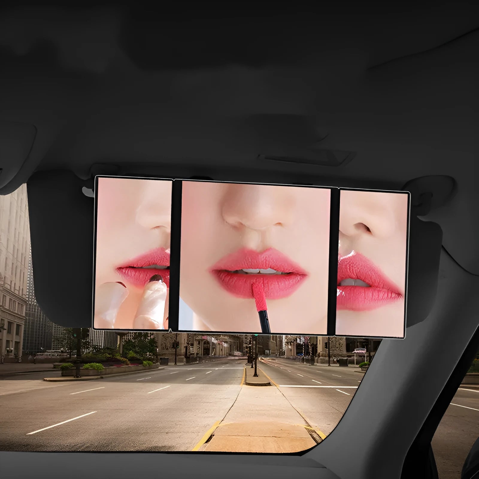 Silver car folding makeup mirror shown open at 30.5x14cm and folded at 15.5x14cm