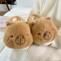 Light brown women's winter slippers with artificial wool lining and cartoon pattern