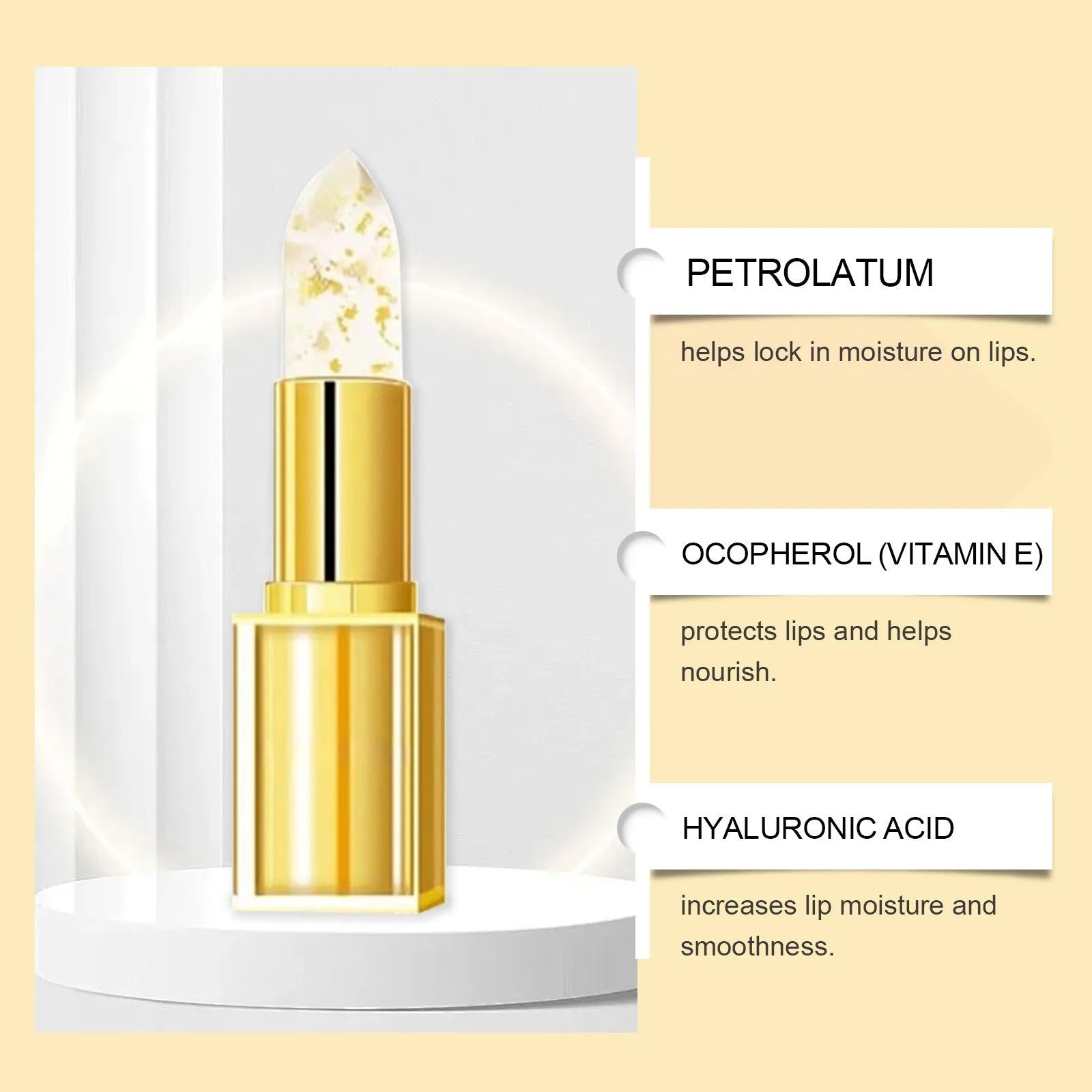 Gold foil discoloration nourishing lipstick tube showing 3.5g net content and vitamin E ingredients